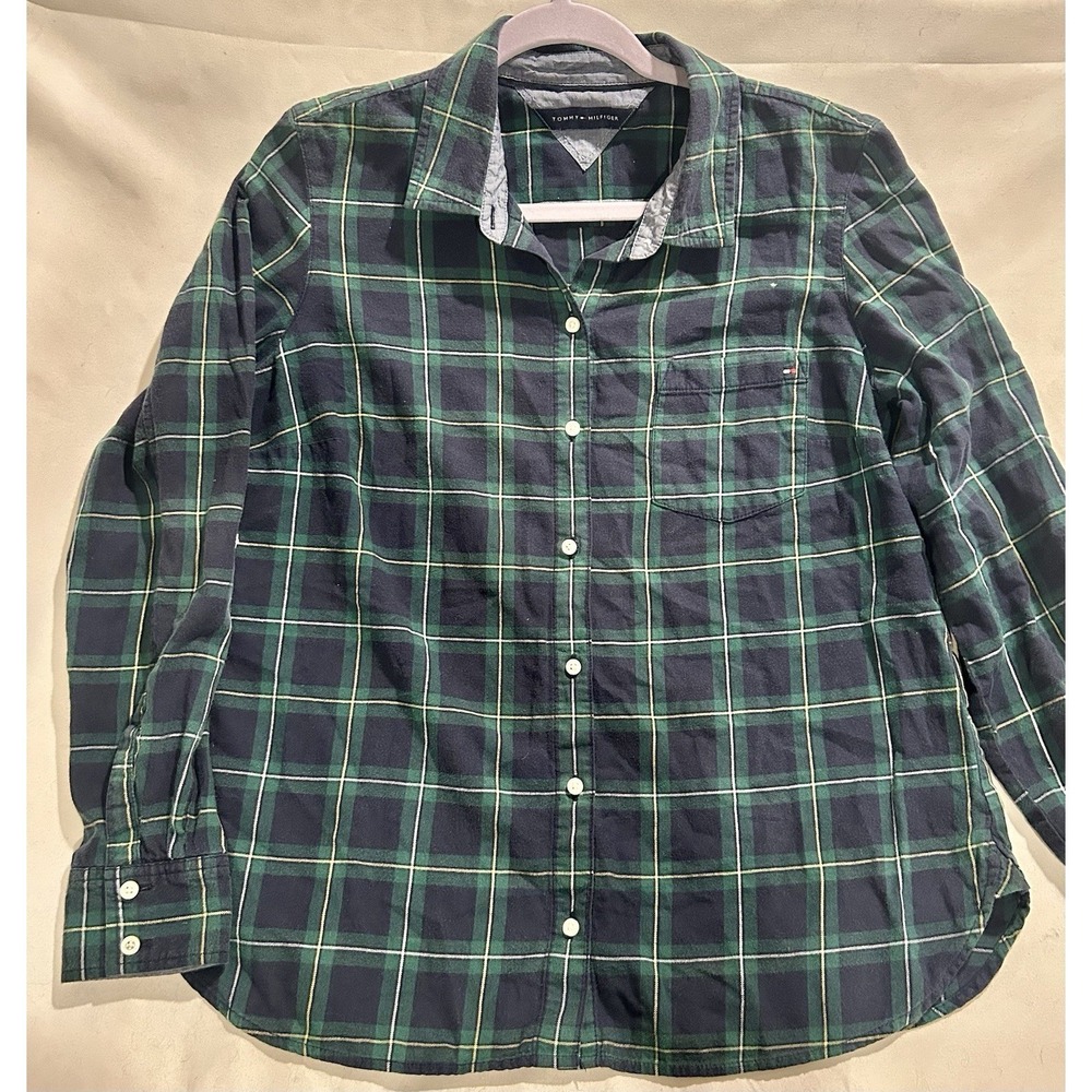 Tommy Hilfiger Men's Long Sleeve Flannel Plaid Button-Up Shirt Green/Navy Size M